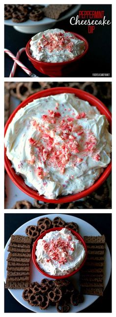 two pictures show the process of making an ice cream cake with candy canes on top