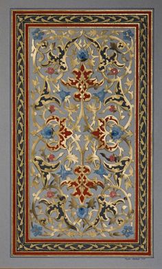 an intricately designed rug with blue, red and gold colors on the border is shown