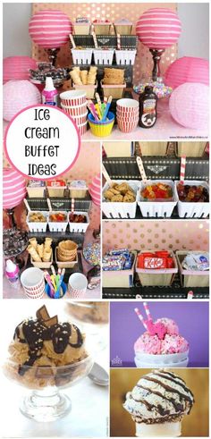 an ice cream buffet with lots of desserts and treats on it's table