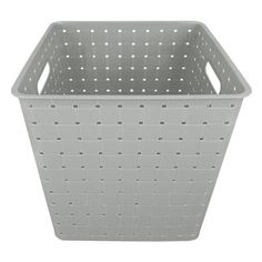 a white plastic basket with holes on the sides and bottom, in front of a white background