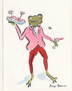 a drawing of a frog in a pink suit holding a tray with cake on it