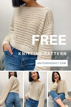 a woman wearing a crochet sweater with the text free knitting pattern on it