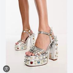 Never Worn Azalea Wang Bejeweled Silver Platforms. Silver Platforms, Platform Espadrille Sandals, Azalea Wang, Spike Heels, Platform Sandals Heels, Heeled Sandal, Platform Ankle Boots, Madden Girl, Sunglasses Shop