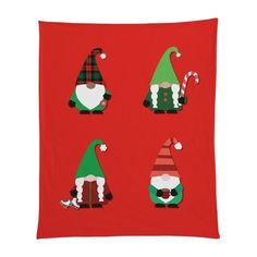 four christmas gnomes on a red background