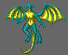 an image of a pixel style dragon with yellow wings and blue tail, standing in front of a gray background