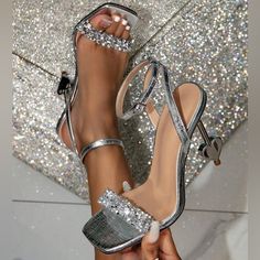 Brand New! - Luxe - Gold Decor - Open Toe - Formal Item Takes 5-8 Business Days To Ship Rhinestone Shoes Heels, Glittery Heels, Kasut Tumit Tinggi, Fake Wedding, Junior Prom, Prom 2020, Casual Pumps, Walking Tall, Rhinestone High Heels