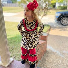 Gorgeous Black & White Cow Print Tunic Ruffle Top With Red Ruffle Trim Design On Top, Matching Pants With Ruffles. Playful Red Ruffled Sets, Cute Red Sets For Fall, Ruffled Tunic, Ruffles Fashion, White Cow, Print Tunic, Ruffle Top, Cow Print, Ruffles