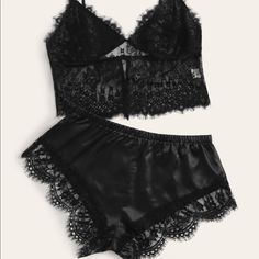 New, Never Worn, In Original Packaging. Build A Bundle And Send Me An Offer If You Like More Than One Item. Black Sexy Lounge Set (Shorty Shorts And Bralette) /Contrast Lace Satin Lingerie Set. Size Large, All Black With Scalloped Lace Edges, 95% Polyester 5% Spandex. Dimension: Us Size 8/10 Bust Approximately 32 Waist Approximately 30 Wedding Guest Outfits, Satin Lingerie Set, Lingerie Soft, Shorty Shorts, Black Lace Lingerie, Lingerie Plus, One Night Stand, Lounge Outfit, Satin Lingerie