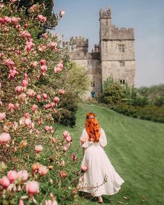 a woman with red hair is walking in the grass near pink flowers and a castle