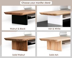 four different types of desks with the same color and width as shown above them