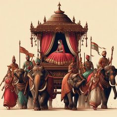 a group of people riding on the backs of elephants in front of an elaborately decorated carriage