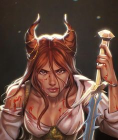 a woman with horns and blood on her face holding a knife