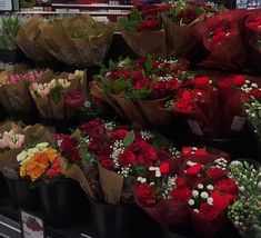 many different types of flowers on display in a store