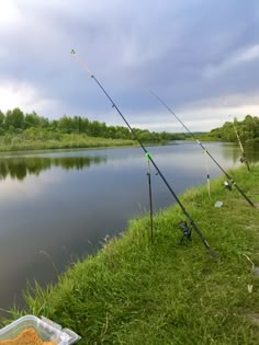 two fishing rods are on the bank of a lake with some fish in it and a container of food next to them