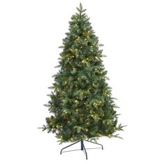 a green christmas tree with lights on it's branches and a black stand in front of a white background