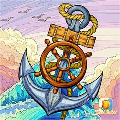 an anchor, steering wheel and seagull on the background of clouds in color