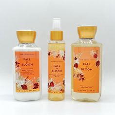 Bath & Body Works Fall In Bloom 8oz Body Lotion, 4.9oz Shimmer Mist & 10oz Shower Gel 3-Piece Bundle. Scent notes: Juicy Plum, Wild Blooms, Velvet Moss. Contains: Aloe, Vitamin E, Shea Butter, Coconut Oil. Cleanses, moisturizes and fragrances the skin leaving a wonderful scent and a beuatiful sheen. Size: 8oz , 10oz ,4.9oz. Soap And Glory, Scent Notes, Hand Cream, In Bloom, Body Scrub