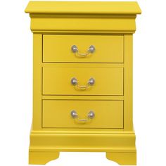 a yellow nightstand with three drawers and two knobs on the bottom, against a white background