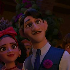 an animated character is standing next to another character in front of other characters and flowers