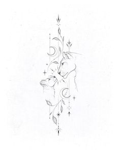 a black and white drawing of a dog with flowers on it's back side