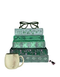 a stack of books with glasses on top