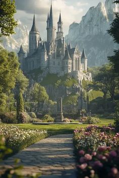 an image of a castle that is in the middle of some trees and bushes with flowers around it