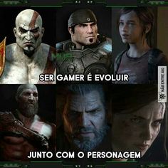 the video game characters in different stages of development, with caption that reads ser gamer e evolir