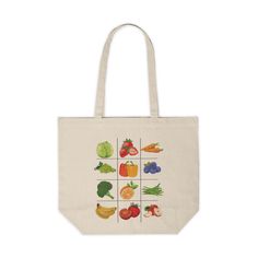 a tote bag with fruits and vegetables printed on the front, in white background