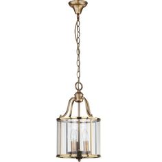 an antique brass finish chandelier with clear glass panels and two lights hanging from the ceiling