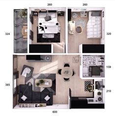 three different views of a living room and dining room from above, with the floor plan shown