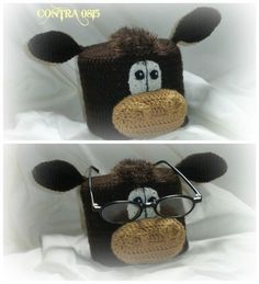 two pictures of a stuffed cow wearing glasses