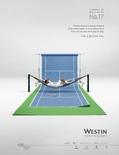 a man laying in a hammock on top of a tennis court with the words westin