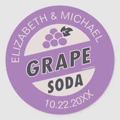 a happy birthday badge with grapes and the words grape soda in purple, on a white background