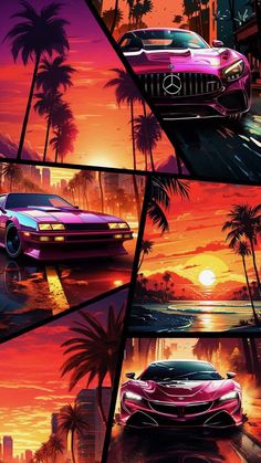 the cars are all different colors in this collage with sunsets and palm trees