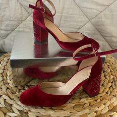 These Elegant Shoes Were Only Worn Once For A Special Occasion, Excellent Condition Basically Brand New! Cranberry Color Velvet With Studded Heels. Great Holiday Party Shoe. Red Velvet Wedding Shoe, Holiday Party Shoes, J Crew Collection, Cranberry Color, Jcrew Collection, Velvet Heels, Studded Heels, Elegant Shoes, Party Shoes