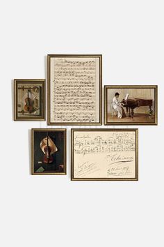 four framed photographs with music notes and sheet music