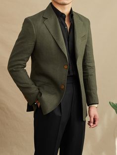 BZ020902 Fancy Suits For Men Classy, Dark Green Blazer Outfit Men, Summer Formal Wedding Guest Attire Men, Green Blazer Outfit Men, Green White Outfit, Nice Outfits For Men, Linen Blazer Men, Stylish Mens Suits