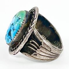 Old Pawn Vintage Navajo Turquoise Sterling Silver Ring No Markings Tested As Sterling Silver Verified Kingman Turquoise Total Weight ~ 14.1 Grams Bandwidth ~ 4 - 16mm Setting ~ 2 X 2.75cm Kingman Turquoise ~ 1.5 X 2cm X 4mm Circa 1960s Size 11 1/4 Us Made In The Usa Handmade Aboriginal Native American Indigenous Wearable Art Collectible Investment Legacy Jewelry Statement Piece Father’s Day Gift Urban Chic Cowboy Carter Style Western Chic Urban Cowboy #3923 Vintage Hallmarked Turquoise Ring For Collectors, Vintage Silver Turquoise Ring Collectible, Vintage Nickel-free Turquoise Jewelry, Vintage Sterling Silver Hallmarked Turquoise Ring, Cowboy Carter, Vintage Adjustable Nickel-free Turquoise Ring, Urban Cowboy, Navajo Turquoise, Western Chic