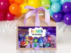 an image of a birthday box with the name amanda in front of balloons and streamers