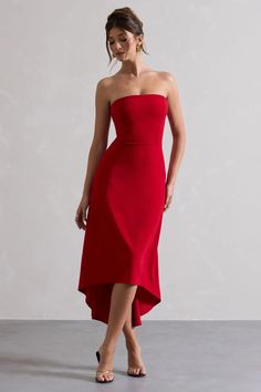 Ariela Red Bandeau High-Low Midi Dress – Club L London - USA Red Midi Dress With Straight Neckline For Date Night, Red Strapless Dress With Straight Neckline For Evening, Sleeveless Fitted Midi Dress For Red Carpet, Red Midi Dress With Straight Neckline For Party, Red Strapless Midi Dress For Evening, Red Satin Dress Classy, Red Satin Dress, High Low Midi Dress, Red Strapless Dress