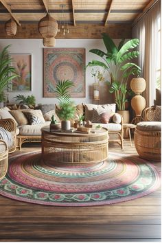 a living room filled with lots of furniture and plants