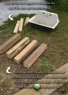 the steps are made out of wood and have been placed in front of an old bathtub