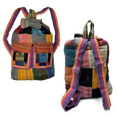 These bright, colorful, handcrafted bags make a great gift. Spacious and comfortable, they are perfect for travel or a casual day out. Available as shoulder bags or backpacks. Shoulder bags have a both a zipper and button closure, as well as an extra inside zipper pocket. Backpacks have a button and drawstring closure, adjustable straps, and loop for hanging. Please choose style in selection menu. Photos show examples of bag styles. Colors are miscellaneous and will vary. Made of 100% cotton. Colorful Bohemian Bags For Gifts, Colorful Bohemian Bags Perfect As Gifts, Casual Bags With Pockets For Gifts, Colorful Bohemian Bags As Gifts, Multicolor Patchwork Satchel Bag, Multicolor Rectangular School Backpack, Handmade Multicolor Backpack For School, Casual Multicolor Satchel Canvas Bag, Casual School Bag With Patchwork