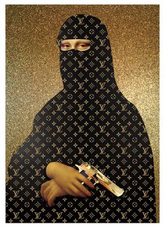 a woman wearing a black veil and holding a knife in her hand with gold glitter on the background