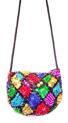 a multicolored purse hanging on a string