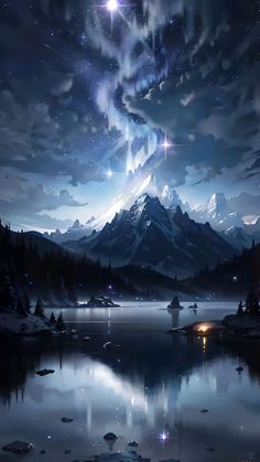 the night sky with stars and clouds over a body of water in front of a mountain range