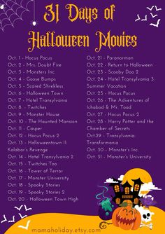 the 31 days of halloween movies list is shown in purple and orange, with pumpkins on