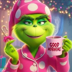 the grinch is holding a coffee cup in her hand and pointing to it's left