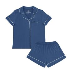 Our women’s pajama sets are designed for each stage of mama-hood — but also, just everyday coziness! Made from buttery soft Lunaluxe™ Bamboo, this indigo PJ set boasts a button-down top for easy nursing access and contrast piping for a cute & classic look. Made from custom-milled Lunaluxe™ Bamboo in a thicker fabrication that’s gentle on sensitive or eczema-prone skin Perfect for mixing and matching with our PJs for magical family matching moments No interior tags Pregnancy friendly Button down 60s Pjs, Pj Sets Women, Shorts Pajama Set, Womens Pjs, Cute Pjs, Pajama Fashion, Matching Pjs, Cute Sleepwear, Pregnant Friends