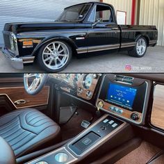 the interior and dashboard of a black pickup truck